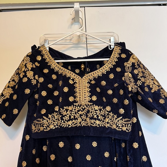 Blue velvet heavy gold embroidery Lehenga Choli - Picture 3 of 15